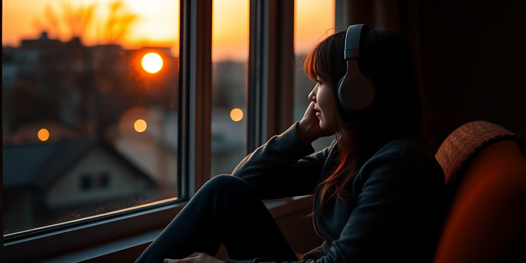 Create a cozy scene of a girl with headphones sitting by a window at sunset, captured with a DSLR camera at f/2.8 aperture, ISO 200, 50mm lens, in soft natural light to enhance warm colors and details.