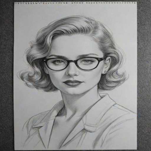 Fetching Kaitlyn Maher, pencil sketch, portrait of Ravishing woman 1933s in glasses, hair style beatnik, outline, clear lines, fine lines, 8k