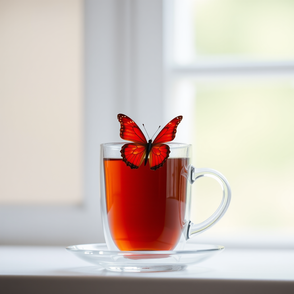 Generate an image of a clear glass cup filled with brown tea. A vibrant red butterfly is gently perched on the rim of the cup. The background is softly blurred, featuring a light-colored window with a minimalistic design.