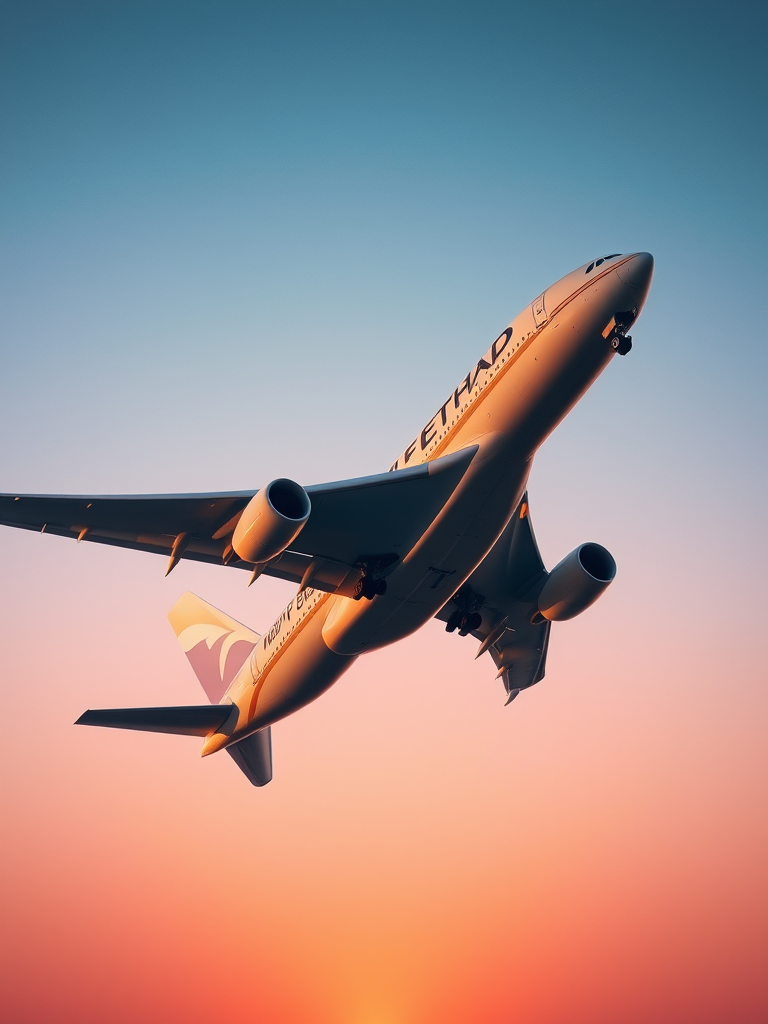 Astonishing view of an Etihad Airways Airbus A380 in flight against a clear sky at sunset, captured with a Canon EOS R5, 24-70mm lens, f/8 aperture, ISO 100, 1/1000s shutter speed, using a wide-angle perspective to enhance depth and detail.