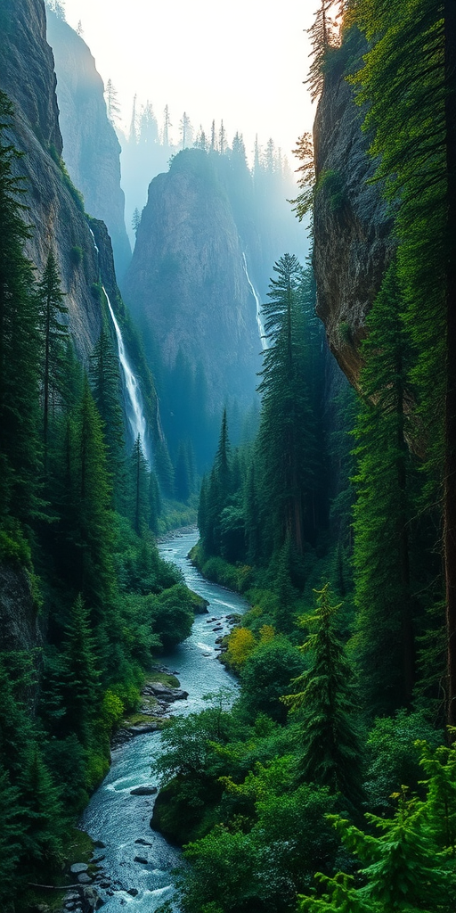 a breathtaking landscape of a mystical forest with towering cliffs and a winding river, morning light filtering through lush greenery, high dynamic range, f/11, ISO 100, 24mm lens, landscape orientation, DSLR camera
