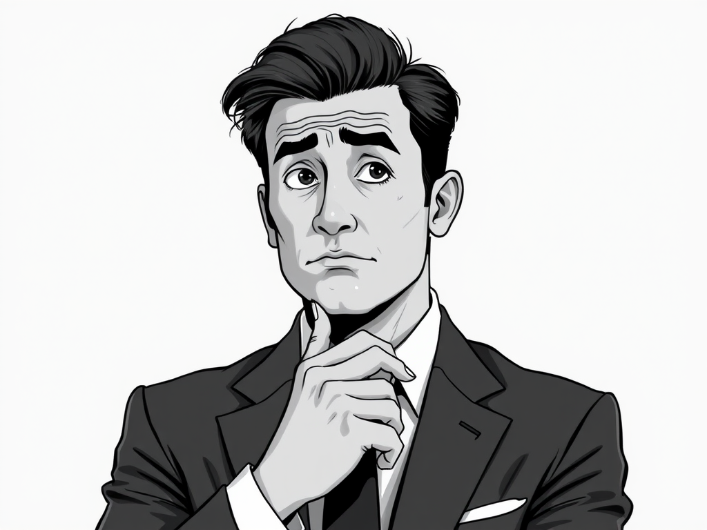 Create a high-resolution black and white illustration of a thoughtful man in a suit with a perplexed expression, using a Canon EOS R5 camera at f/2.8 aperture, 50mm lens, 1/125s shutter speed, with soft diffused lighting and a smooth background blur.