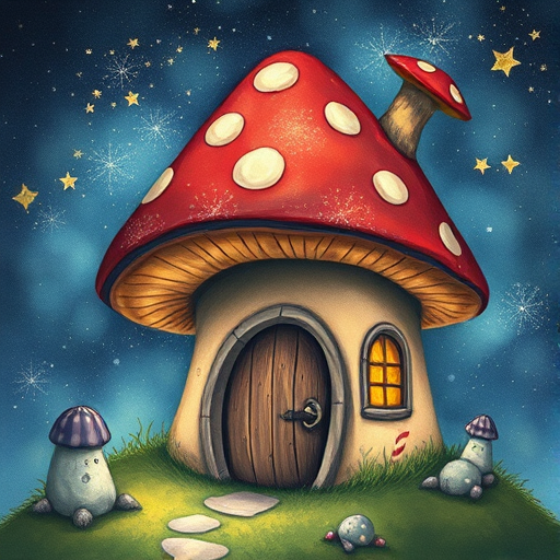 this photo is illustration of a mushroom house with a door and a window, a storybook , fantasy art, mushroom house, bg starry sky, sparkles