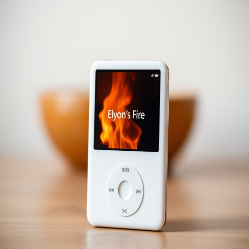 Capture a high-resolution image of a classic white iPod with a minimalist interface displaying the title "Elyon's Fire," set against a soft-focus background, using a DSLR camera with a 50mm lens at f/1.8, ISO 100, and a shutter speed of 1/60s, in portrait orientation with natural soft lighting.