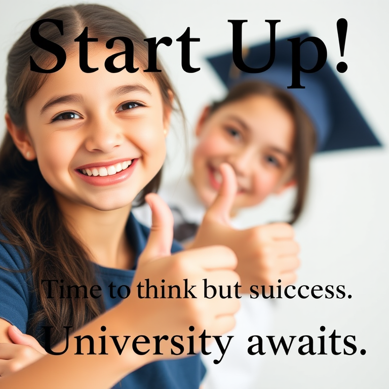 Create a promotional graphic featuring a young girl smiling and giving a thumbs up, with the text "Start Up! Time to think about success. University Awaits." in elegant, bold typography, using a DSLR camera with 50mm lens, aperture set to f/1.8, ISO 100, and soft lighting for a clean and professional look.