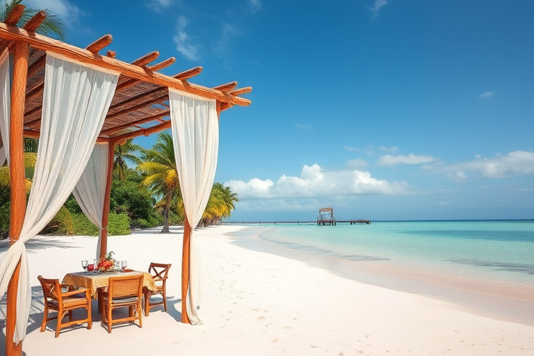 Create a picturesque tropical beach scene featuring a serene, white sandy shore. In the foreground, there's a rustic wooden canopy with white drapes gently flowing in the breeze. Underneath the canopy, a table is set with tropical decor, evoking a sense of relaxation and leisure. The beach extends into a calm, shallow water area with reflections of the sky and surroundings. Palm trees and lush greenery line the edge of the beach, providing a natural, tropical backdrop. The sky is clear with a few scattered clouds, and the overall atmosphere is tranquil and inviting, perfect for a peaceful retreat.