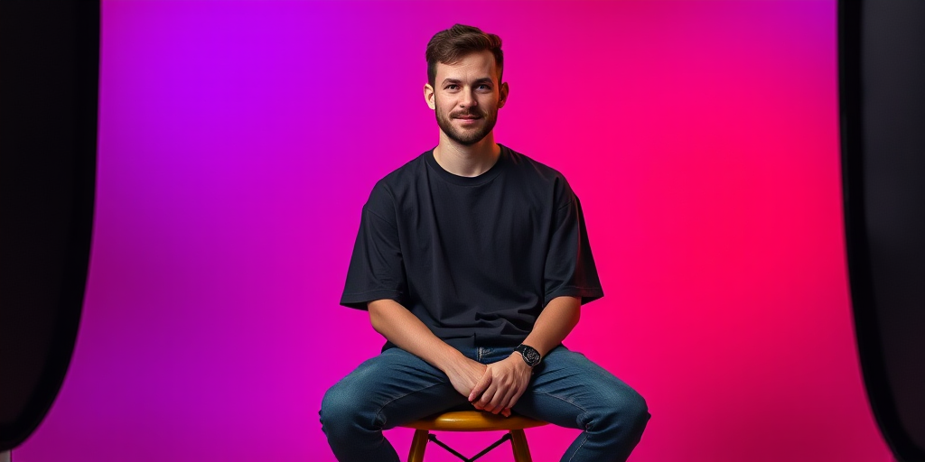 portrait of a man sitting on a chair with a vibrant purple and orange background, dressed in a black oversized t-shirt and jeans, soft lighting, 50mm lens, f/1.8 aperture, ISO 200, 1/200s shutter speed, shallow depth of field, studio photography