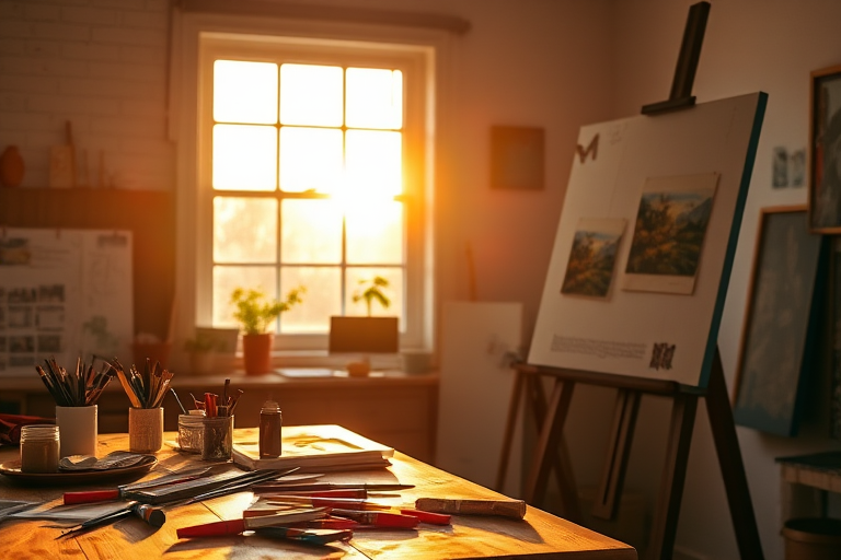 Warmly lit photo of an artist's studio at dusk, with soft golden light streaming through the window, paintbrushes and tubes of paint scattered on a wooden table, and a half-finished canvas propped on an easel.