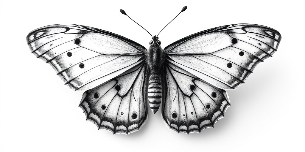 Create a high-resolution monochrome illustration of a butterfly with intricate details and sharp contrasts, using a DSLR camera with a 50mm lens at f/8, ISO 100, and a 1/200 sec shutter speed, capturing a top-down view for clarity and precision.