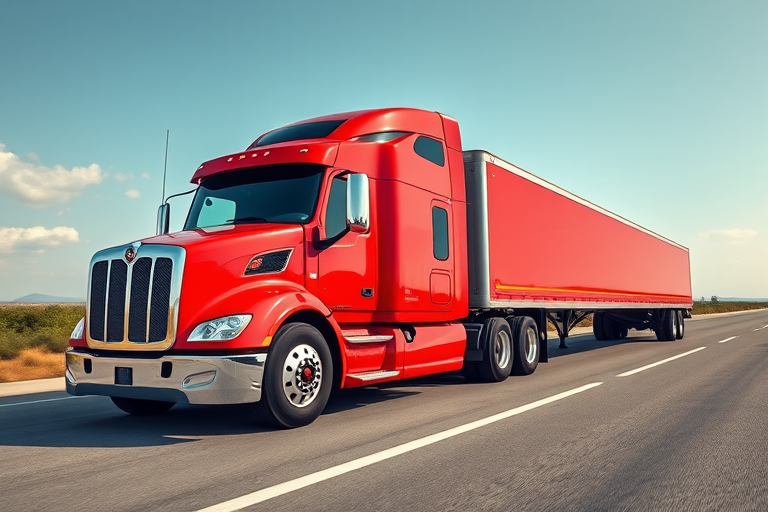 Create a realistic 3D render of a bright red semi-truck with a long trailer, captured with a Canon EOS R5 camera at f/8, 1/125s shutter speed, ISO 100, using a wide-angle lens, from a low angle view to emphasize the truck's size and details, in high dynamic range for vibrant colors.