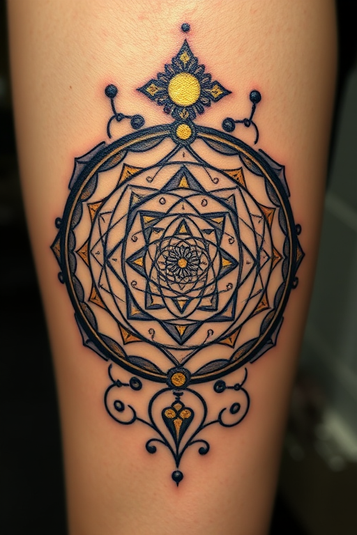 Fibonacci spiral tattoo incorporating sacred geometry elements, golden ratio proportions highlighted in metallic gold ink accents