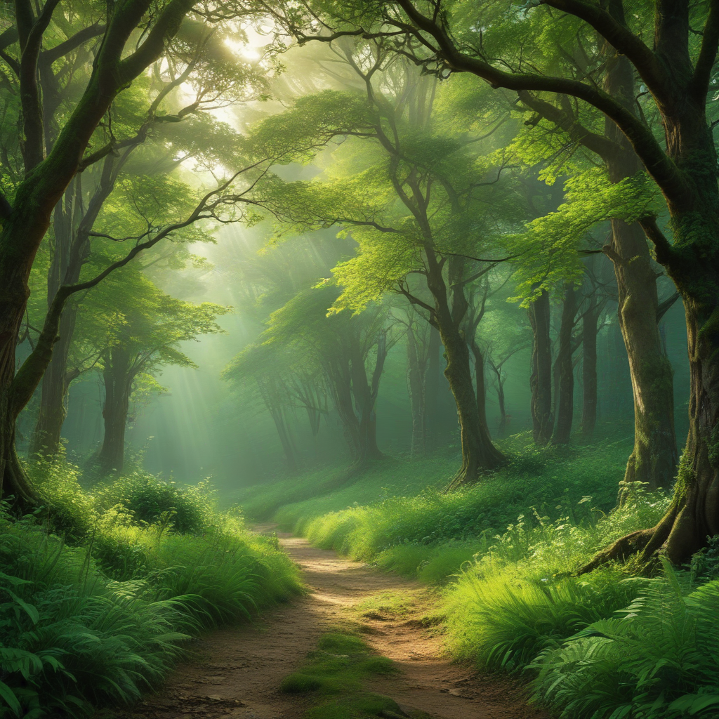 Serene Pathway Through Lush Green Forest Bathed in Soft Morning Light