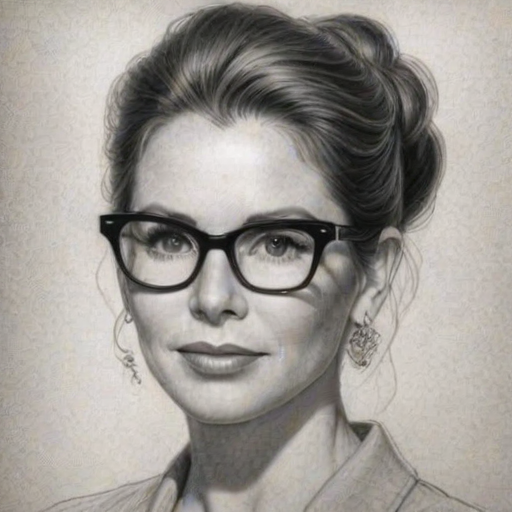 Enchanting Melissa Gilbert, pencil sketch, portrait of Comely woman 1948s in glasses, hair style beatnik, outline, clear lines, fine lines, 8k