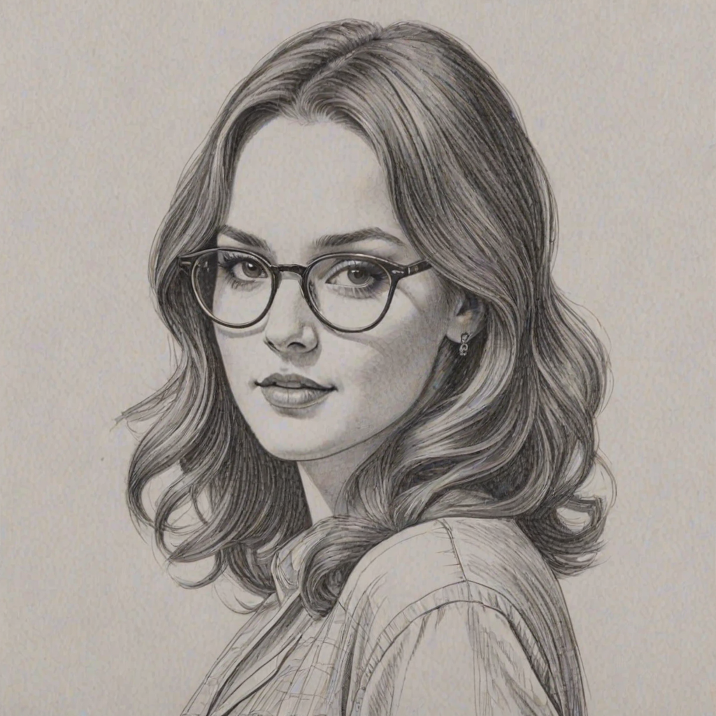 Lovely Leighton Meester, pencil sketch, portrait of Dazzling woman 1963s in glasses, hair style beatnik, outline, clear lines, fine lines, 8k