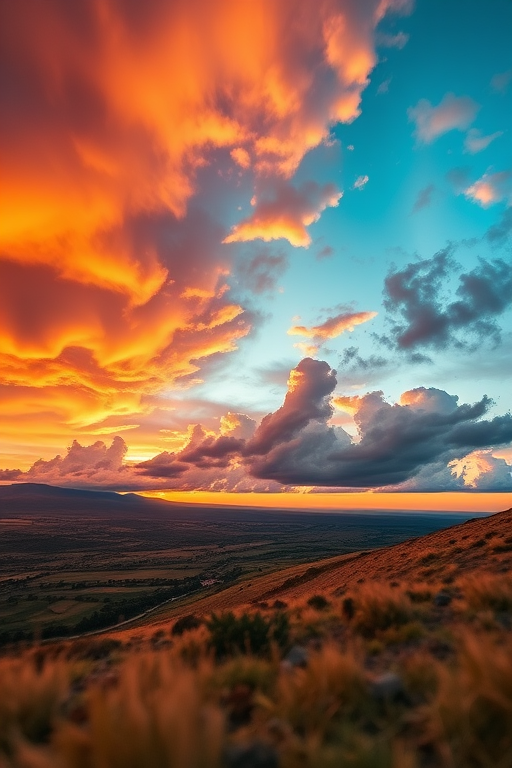 Create a high-resolution image of a scenic landscape at sunrise with vibrant colors and dramatic clouds, using a DSLR camera with a 24mm lens at f/8 for depth of field, ISO 100, and a shutter speed of 1/125 seconds, capturing the scene from a low-angle perspective.