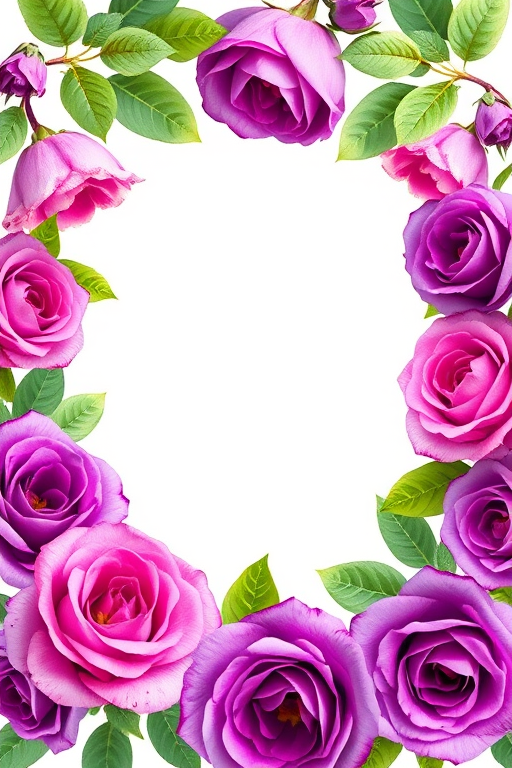 Create a high-resolution watercolor floral frame featuring purple roses and green leaves with a blank center, using a DSLR camera with a 50mm lens at f/2.8, ISO 100, and natural lighting to enhance the vibrancy and detail of the flowers.