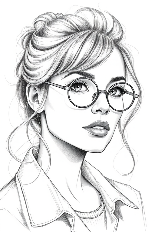 Beautiful Toni Collette, pencil sketch, portrait of beautiful woman 60s in glasses, hair style beatnik, outline, clear lines, fine lines, 8k