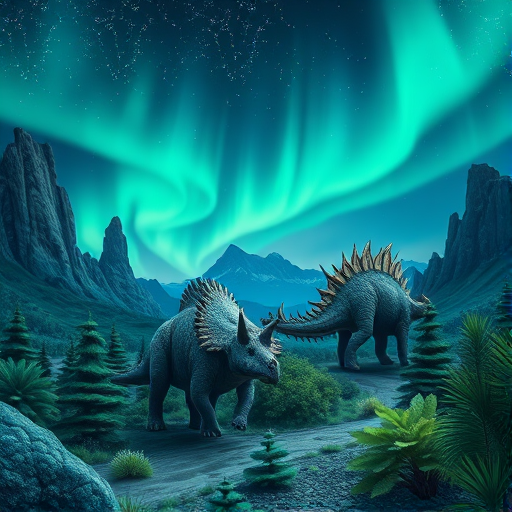 Create a high-resolution digital illustration of a prehistoric landscape featuring a Triceratops and a Stegosaurus among lush greenery and rocky formations, with a dramatic sky illuminated by the Northern Lights, using a DSLR camera with a 50mm lens, f/2.8 aperture, ISO 100, and a wide-angle view to capture depth and detail.