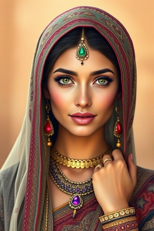 Create a portrait of a beautiful Arab woman with striking green eyes and a gentle expression. She is adorned in traditional attire with intricate patterns, including a richly embroidered headscarf and matching garments. Her jewelry includes a delicate headpiece, dangling earrings, and ornate bracelets, all featuring vibrant gemstones and detailed metalwork. The background is soft and warm, enhancing the rich colors of her outfit and jewelry.