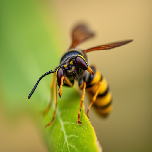 macro shot of a hornet perched on a green leaf with a shallow depth of field, 100mm f/2.8 lens, ISO 200, 1/200 sec, natural light, DSLR camera, focus on insect details, soft background blur