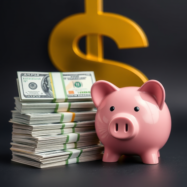 Create an image of a pink piggy bank next to neatly stacked bundles of hundred-dollar bills with a large gold dollar sign in the background, using a DSLR camera with a 50mm lens, aperture f/2.8, ISO 100, and a focused depth of field to enhance image quality, in a well-lit studio setting with a black backdrop.