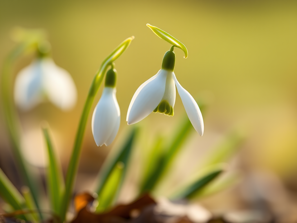 a close-up of a snowdrop flower in soft focus, 50mm lens, aperture f/2.8, shutter speed 1/200 sec, ISO 100, natural soft lighting, macro photography, DSLR camera