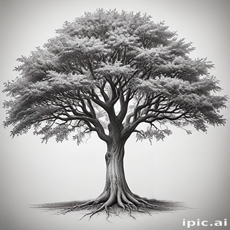 Intricate Black and White Illustration of a Majestic Tree with Detailed ...