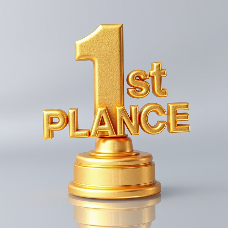 Create an image of a three-dimensional gold "1st PLACE" trophy text with a glossy finish, set against a transparent background, taken with a DSLR camera, 50mm lens, f/2.8 aperture, 1/200 sec shutter speed, and natural lighting for optimal clarity and reflections.