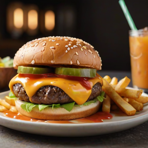 High-resolution, close-up image of a gourmet double cheeseburger. The burger features a glossy, sesame-seed-topped brioche bun. Inside, there are two thick, juicy beef patties, each topped with melted cheddar cheese. The burger is garnished with fresh lettuce, tomato slices, diced onions, and pickles. A generous amount of ketchup and a creamy, orange-colored sauce is dripping down the sides, adding to the mouth-watering appeal. In the background, there are blurred elements including a side of golden French fries and a hint of a beverage, enhancing the overall presentation of a delicious meal.