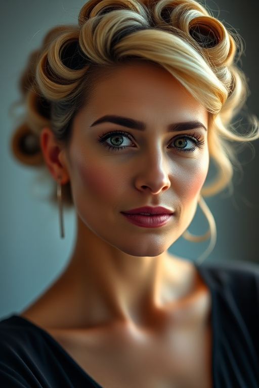 Create a high-resolution portrait of a woman with styled hair and rollers, soft lighting, focus on facial features, shot with a Canon EOS R5 at f/1.8, ISO 100, 50mm lens, in a 35mm format with a shallow depth of field, slightly angled view for dimension.