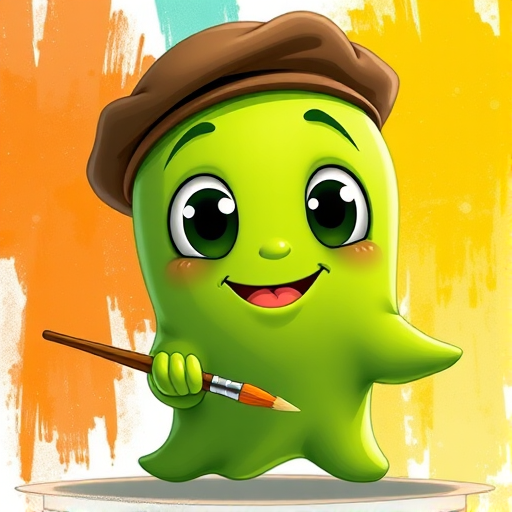Create a vibrant cartoon-style illustration of a green ghost character with large expressive eyes, wearing a brown beret and holding a paintbrush, set against a bright abstract background, shot with a Canon EOS 5D Mark IV at f/2.8, ISO 100, 50mm lens, with natural soft lighting and a slight depth of field to emphasize the character.