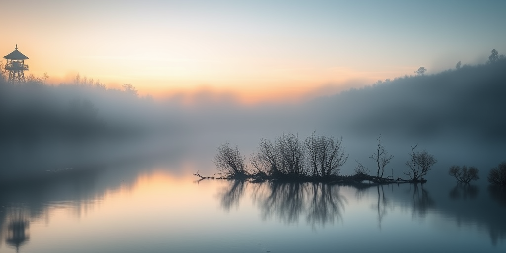 Capture a serene foggy river scene at dawn with soft, diffused light, using a Canon EOS 5D Mark IV with a 24-70mm f/2.8 lens, aperture set to f/8, shutter speed of 1/60s, ISO 100, in landscape orientation for a crisp focus on the mist and water reflections.