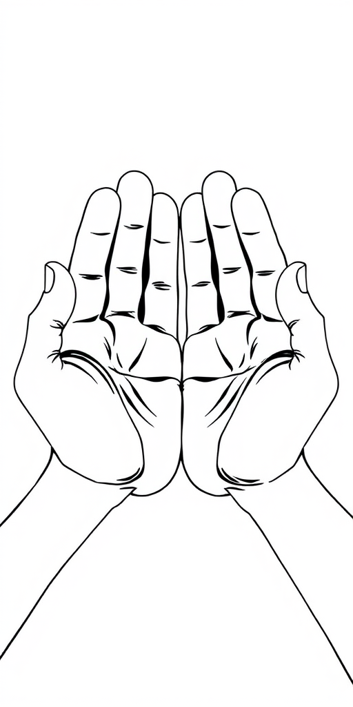 Create a high-resolution line art illustration of two open hands cupped together, with a slight perspective view, using a Canon EOS R5 camera, aperture f/8, shutter speed 1/250, ISO 100, and a 50mm lens for sharp detail and depth.