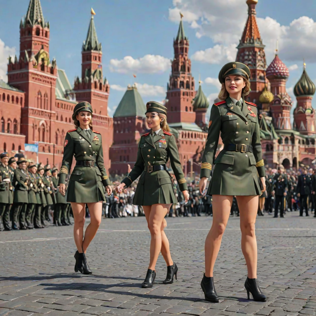 Cartoon 3D Military parade in Red Square in Moscow with military women wearing short skirts.
