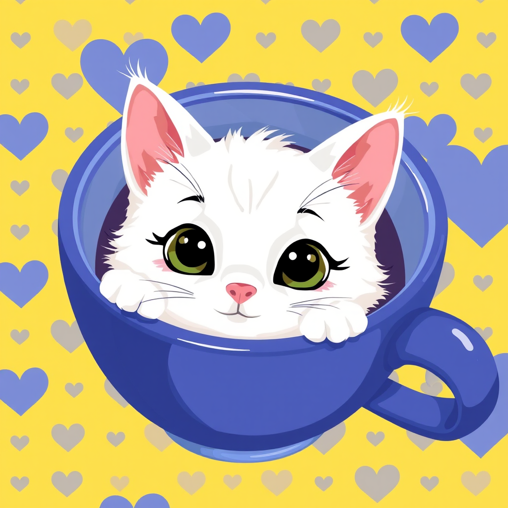 Create a playful illustration of a cute white cat peeking out of a blue coffee cup on a bright yellow background with a heart pattern, camera settings: ISO 100, f/4, shutter speed 1/100s, camera view: close-up, camera style: vector art, camera type: digital illustration.