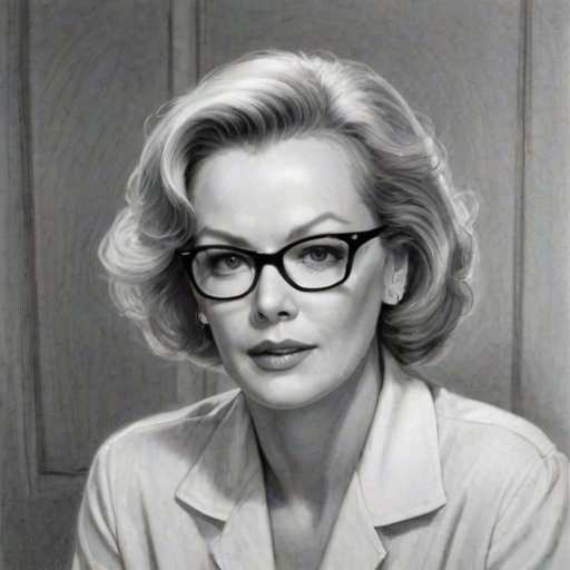 Graceful Jean Smart, pencil sketch, portrait of Fetching woman 1951s in glasses, hair style beatnik, outline, clear lines, fine lines, 8k