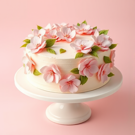 Create an image of a round cake decorated with soft pink flowers and green leaves on a white cake stand with a light pink background. The cake should have a smooth, creamy frosting with intricate floral designs on the top and sides.