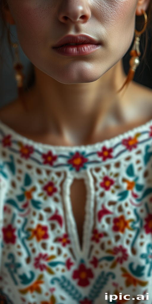 Face, shoulders, chest covered in openwork Ukrainian embroidery. Raw, unedited image.