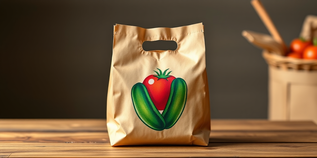 Generate a high-quality illustration of a brown paper bag with a colorful design featuring a red tomato and a green cucumber on the front, captured with a DSLR camera at f/5.6 aperture, ISO 100, with a 50mm lens, taken from a slightly elevated angle to enhance depth and detail.