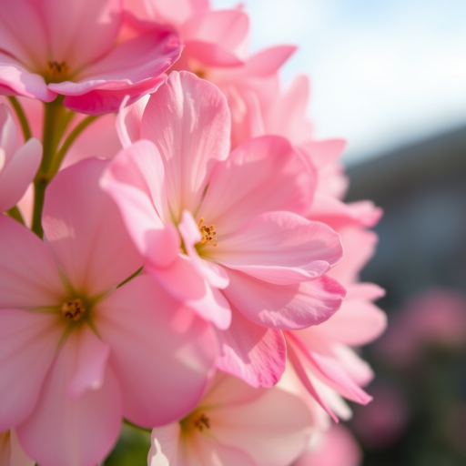 Close-up shot of pink and white flowers with a soft background, macro lens, aperture f/2.8, shutter speed 1/200 sec, ISO 100, natural lighting, DSLR camera, focus on flower details.
