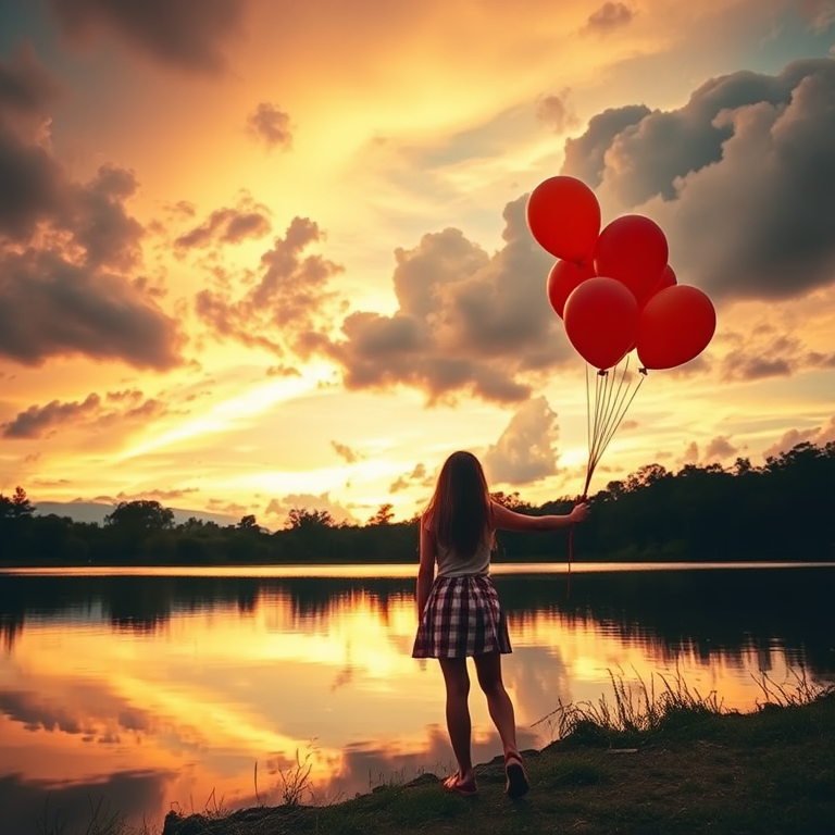 Generate a surreal landscape with a girl standing by a lake at sunset holding orange balloons, featuring dramatic clouds and warm hues, shot with a DSLR camera at f/2.8, ISO 100, 24mm lens, with a wide-angle view and vibrant color grading for enhanced quality.