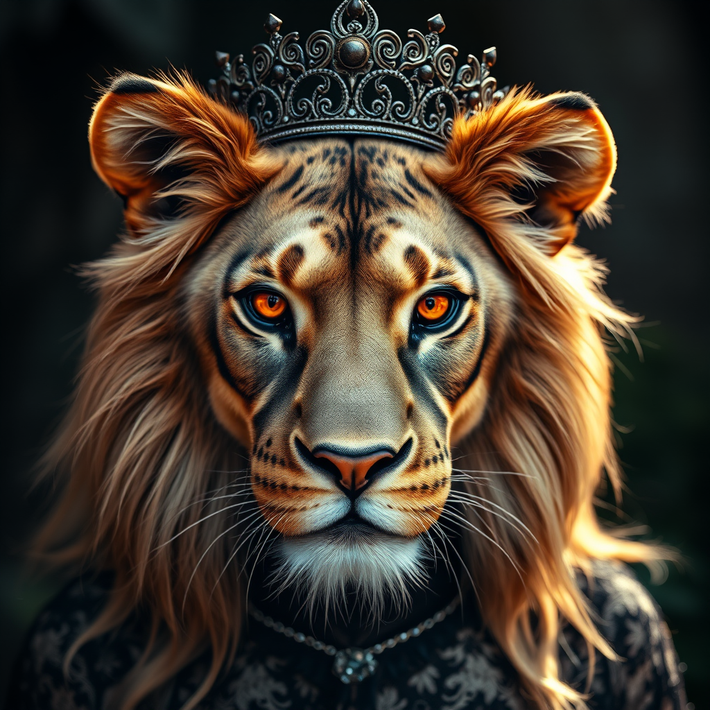 Create a fantasy portrait of a regal lioness with glowing orange eyes, adorned in ornate black lace attire and a crown, captured with a full-frame DSLR at f/1.8, ISO 100, 1/200s in soft natural lighting, using a close-up lens to emphasize details and textures.