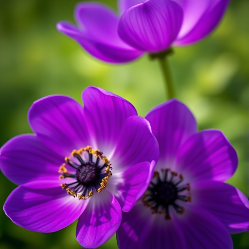 close-up of vibrant purple anemone flowers with intricate details and soft green background, shallow depth of field, f/2.8 aperture, 50mm lens, natural lighting, DSLR camera, high-resolution image