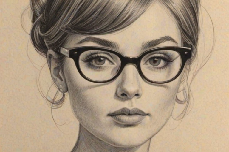 Enticing Daisy Edgar-Jones, pencil sketch, portrait of Pleasing woman 1963s in glasses, hair style beatnik, outline, clear lines, fine lines, 8k