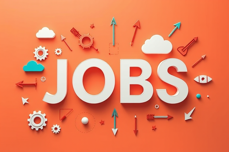 Create a bright and modern graphic design featuring the word "JOBS" prominently, incorporating elements like gears, clouds, and arrows, using a clean vector style, captured with a Canon EOS R5, 50mm lens, f/2.8 aperture, 1/60 shutter speed, ISO 100, top-down view for a flat lay effect.