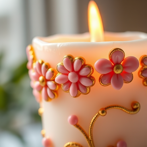 Close-up of a decorative candle with pink and gold embellishments, natural soft lighting, aperture f/2.8, ISO 100, 50mm lens, macro photography style, DSLR camera.