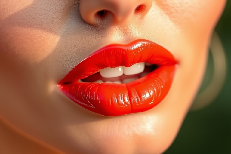Vibrant coral lip tint "Sunset Serenade" featuring a glossy finish and subtle shimmer, perfect for summer evenings, enhancing natural lip contours with a plumping effect