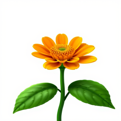 Create a vibrant digital illustration of a stylized flower with a yellow center and green leaves, set against a clean white background, using a Canon EOS 5D Mark IV camera with an aperture of f/8, ISO 100, and a focal length of 50mm to enhance detail and clarity.