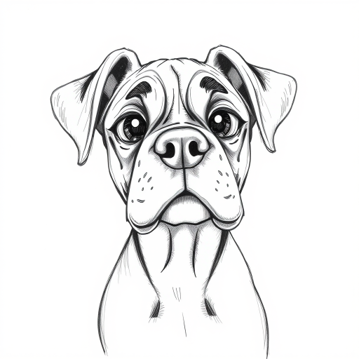A doodle style pencil sketch illustration of a beautiful young Boxer dog, with large eyes and exaggerated facial features. White background