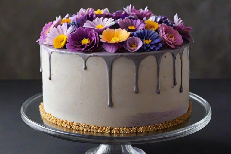 Create an elegant cake decorated with a variety of colorful flowers. The cake should have a smooth, dark background with shades of purple, grey, and white flowers artistically arranged on the sides. Use realistic textures and vibrant colors to make the flowers stand out. The cake should be displayed on a clear glass cake stand.